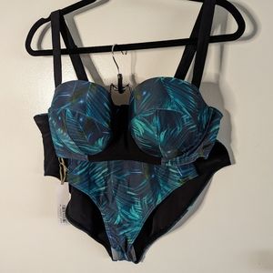 Wolf & Whistle Dark Palm under wire Bikini 40DD high waisted bottoms US 16
